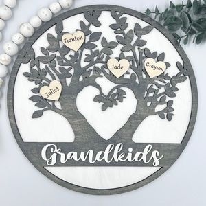Custom Grandkids / Our Family Tree Wood Sign | Engraved Name Hearts